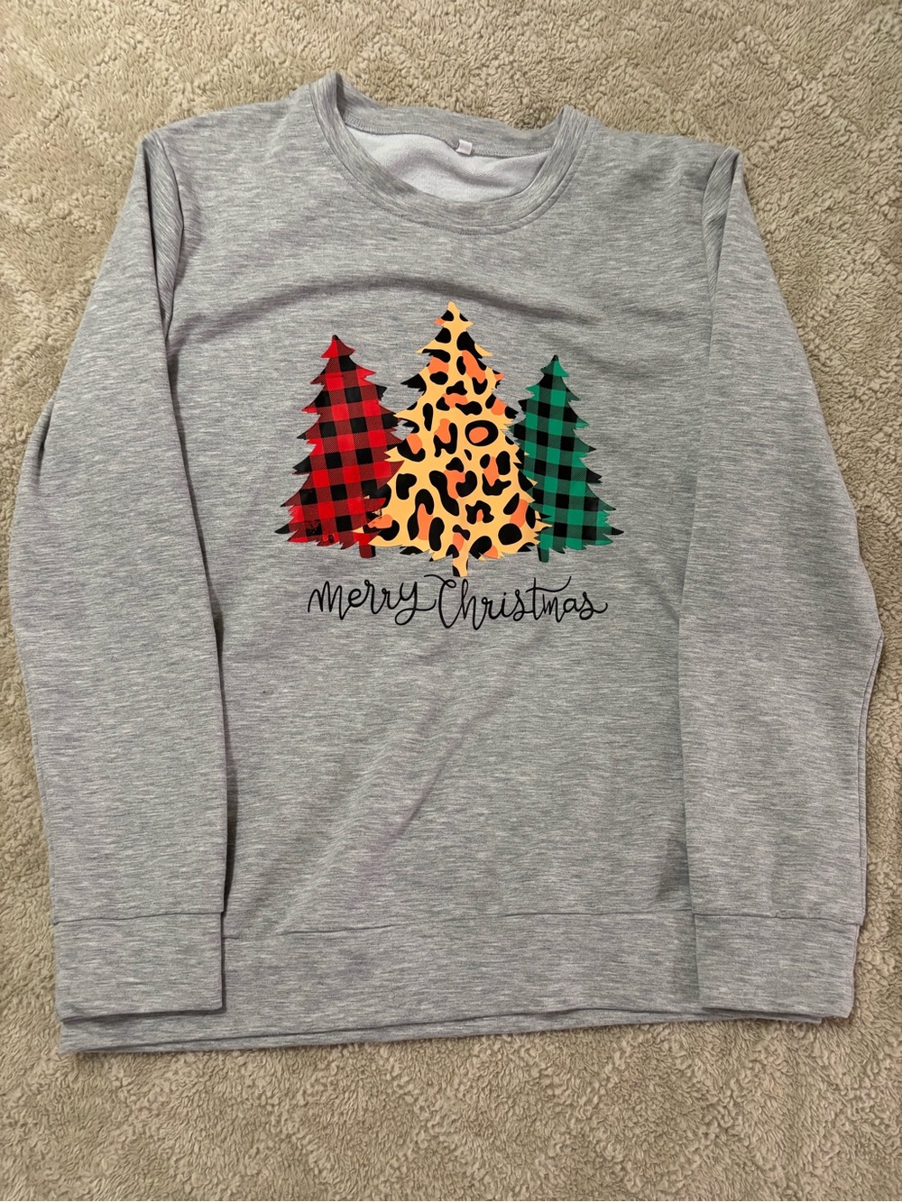 Gray Merry Christmas Tree Graphic Sweatshirt with Plaid & Leopard